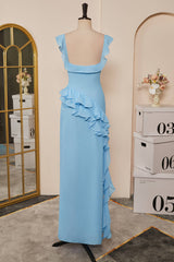 Light Blue Flaunt Sleeves Mermaid Ruffled Long Bridesmaid Dress with Slit