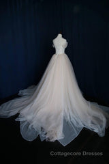 Elegant V Neck Off-shoulder Tulle Pleat Sweep Train Wedding Dresses