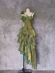 Green Asymmetrical Layered Flounce Spaghetti Strap Dress Evening Gown