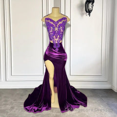 Purple Sleeveless Mermaid Prom Dress with Split Appliques