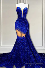 V-Neck Sequins Prom Dress Mermaid Sleeveless Crystal.