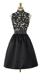 A-Line High Neck Open Back Above-Knee Black Homecoming Dresses 2024 with Lace Sequins