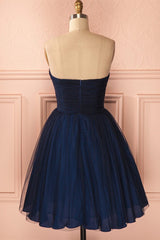 Strapless Short Navy Blue Tulle Homecoming Dress