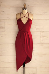 Sheath Halter Asymmetrical Dark Red Satin Homecoming Dresses