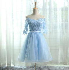 A-Line Off the Shoulder Half Sleeves Light Blue Tulle Homecoming Dresses 2024 with Appliques