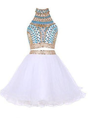 Two Piece High Neck White Tulle Short Homecoming Dresses 2024 with Beading Rhinestone