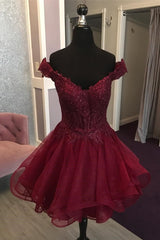 Off the Shoulder Short Burgundy Homecoming Dresses