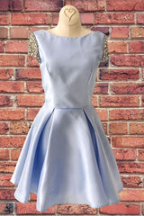 V-Back Short Sleeves Sky Blue Homecoming Dresses with Crystals