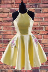 Halter Embroidered Yellow Homecoming Dresses with Pockets