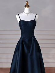 Simple A-Line Dark Blue Satin Long Prom Dresses, Dark Blue Long Formal Dresses