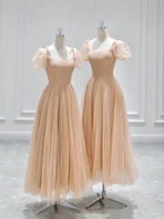 Cute Tulle Tea Length Prom Dresses, A-Line Short Sleeve Evening Dresses