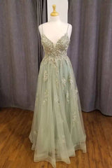 Sage Green Floral Appliques Straps A-Line Prom Dresses