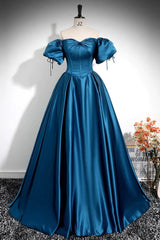 Royal Blue A-Line Prom Dresses Off The Shoulder Pleated Dresses