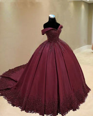 burgundy ball gown quinceanera Dresses lace off the shoulder