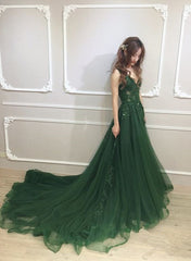 Dark Green Low Back Beaded Lace V-neckline Party Dresses, A-line Prom Dresses