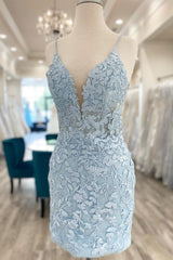 Light Blue Appliques Plunge V Short Homecoming Dress