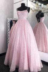 Shiny Light Pink Long Prom Dresses,Back Open Formal Party Gown