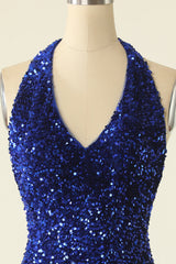 Royal Blue Sequin Halter Open Back Short Homecoming Dress