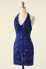 Royal Blue Sequin Halter Open Back Short Homecoming Dress