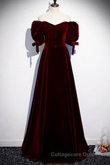 Modest Burgundy Long Prom Dresses with Short Sleeves Vintage Evening Gown