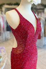 Red Beaded Plunge V Mermaid Long Formal Dress