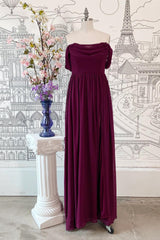 Raspberry Off-the-Shoulder Cowl Neck Chiffon Long Bridesmaid Dress