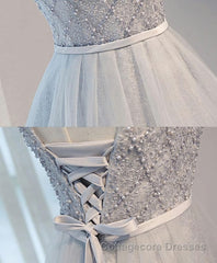 Gray Tulle Beads Short Prom Dress, Gray Homecoming Dress