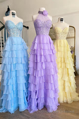 Lavender Illusion Halter Flower Appliques Multi-Layers Long Prom Dress