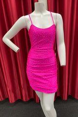 Neon Pink Beaded Scoop Neck Bodycon Cocktail Dress