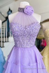 Lavender Illusion Halter Flower Appliques Multi-Layers Long Prom Dress