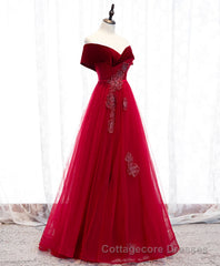 Burgundy Tulle Off Shoulder Long Prom Dress, Burgundy Formal Dress