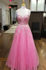 Hot Pink Floral Lace Sweetheart A-Line Prom Dresses