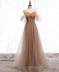 Champagne Tulle Sequin Long Prom Dress, Champagne Evening Dress