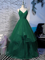 a line prom Dresses evening Dresses spaghetti straps open back long dark green tulle with ruffles