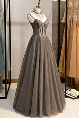 Gray Tulle Spaghetti Strap Long Prom Dresses, A-Line Evening Dresses