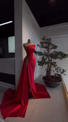 Red Pearl Strapless Prom Dresses Long Slit Sleeveless