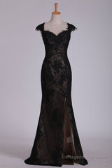 Black Off The Shoulder Sheath Prom Dresses Lace&Tulle Floor Length With Applique & Slit