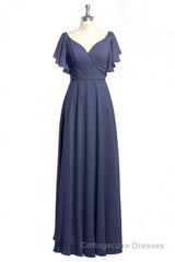 Navy Blue V-Neck Backless Ruffled A-Line Long Dress