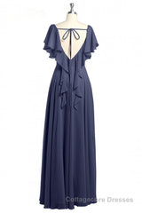 Navy Blue V-Neck Backless Ruffled A-Line Long Dress