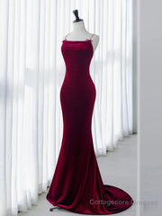 Simple Velvet Mermaid Burgundy Long Prom Dress, Burgundy Long Formal Dress