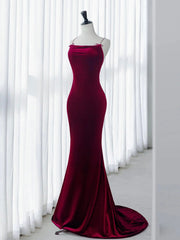 Simple Velvet Mermaid Burgundy Long Prom Dresses, Burgundy Long Formal Dresses