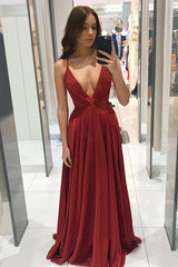 Red Spaghetti Straps V-neck Long Prom Dresses, Shiny A Line Party Gown