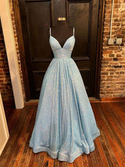 Simple Blue V Neck Sequin Long Prom Dresses, A Line Blue Evening Dresses