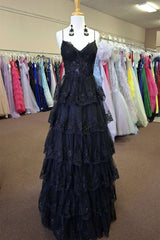 Straps Black Appliques Tulle Ruffle A-line Prom Dresses