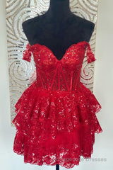 Red Off-the-Shoulder Lace Multi-Layers Appliques Sequins Homecoming Dress