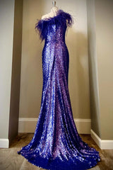 Purple Sequin Feather One-Shoulder Long Formal Dress with Slit