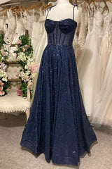 Princess Navy Sequin Tie-Strap A-Line Prom Dresses