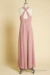 Dusty Pink Twist-Front Backless Long Formal Dress