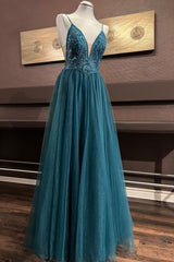 Pine A-line Plunging V Neck Appliques Sequins Tulle Long Prom Dress