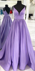 Straps V Neck Satin Maxi Prom Dresses Lavender Formal Evening Gown